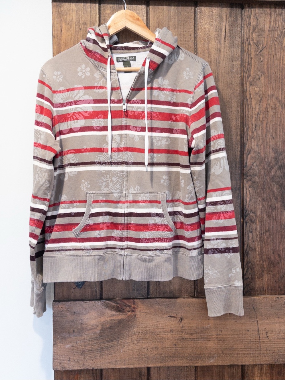 Lucky Brand Taupe Striped Botanical Overlay Zip Front Hoodie Sweatshirt Large